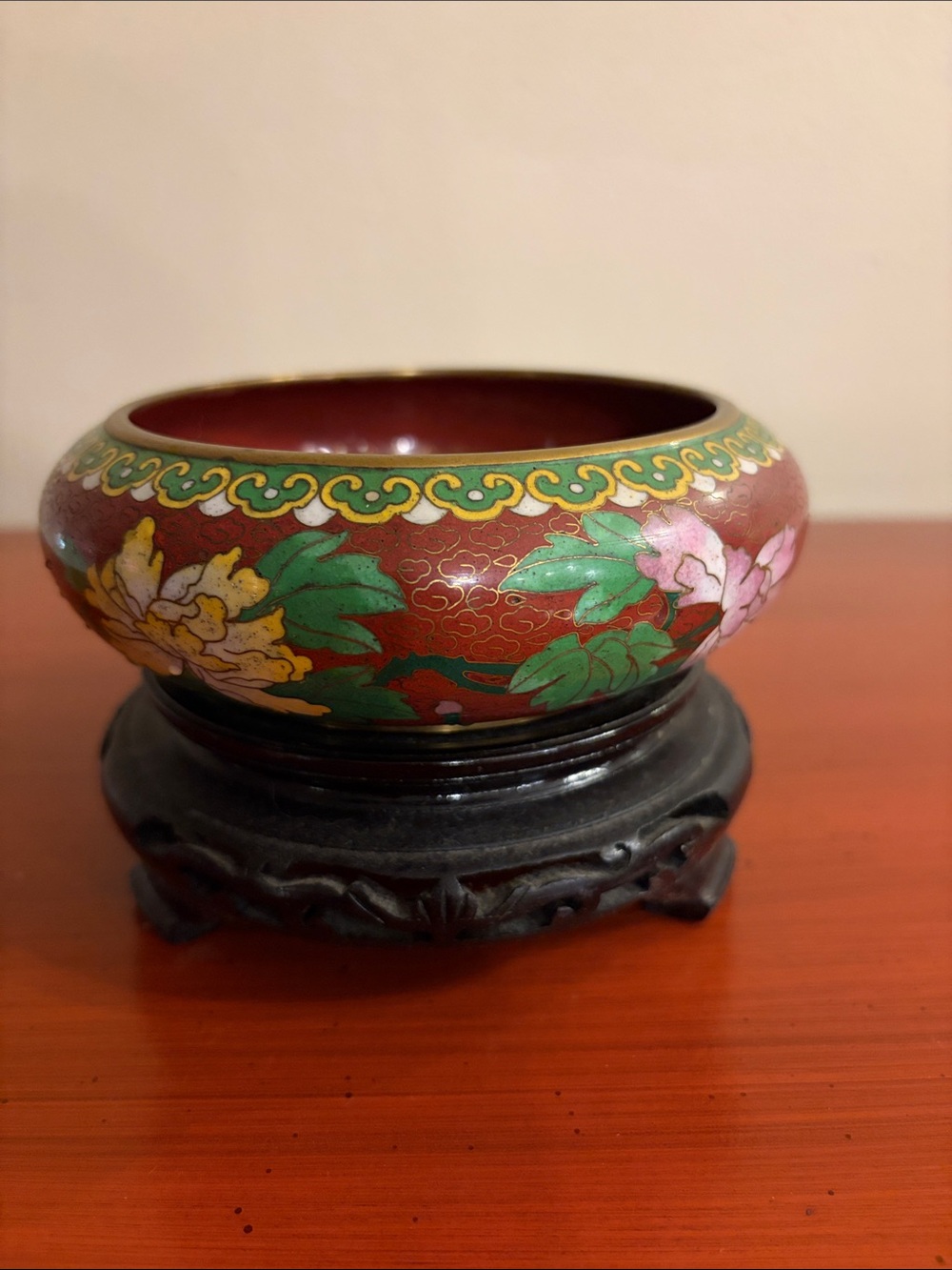 Vintage Cloisonné Floral Ceramic Bowl & Stand
